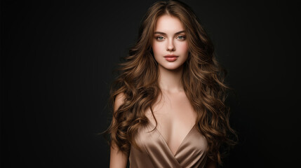Naklejka premium Elegant Young Woman with Long Wavy Hair in a Satin Top