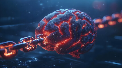 Glowing Red Brain Connected by a Fiery Chain in Dark Blue Space