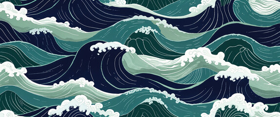 Fototapeta premium Elegant hand drawn ocean waves pattern in shades of blue and green seamless design