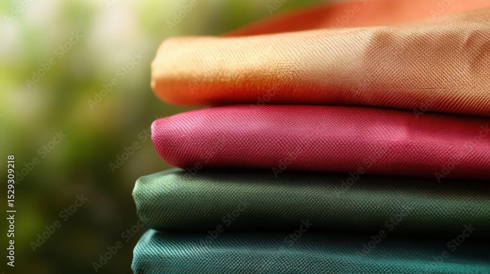 Poster an aesthetically pleasing close-up of a neatly arranged stack of colorful fabric, showcasing texture