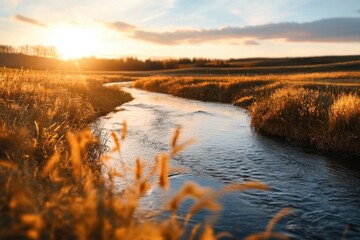 Gentle river winding through golden fields at sunset nature scene gigapixel standard tranquil landscape serene viewpoint captivating concept