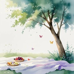 Peaceful Picnic Under Tree with Fruit and Book