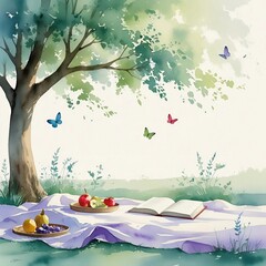 Peaceful Picnic Under Tree with Fruit and Book