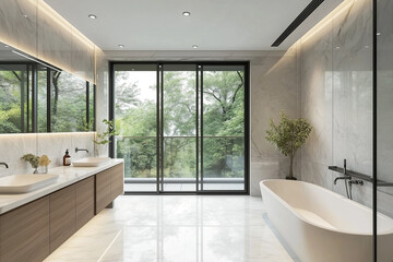 Fototapeta premium Luxury bathroom with marble accents and large glass windows overlooking nature