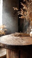 a vase with dried flowers on a wooden table