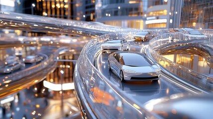 Futuristic urban highway with autonomous electric cars gliding through a neon-lit cityscape at night, featuring sleek modern architecture. Robotics and automation