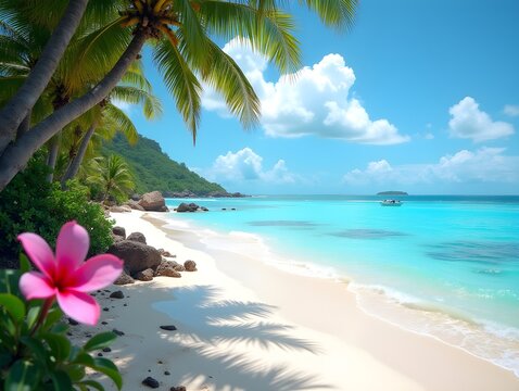Tropical beach view. Ocean water and pink flowers. Sandy shore. Island nature and sky. Blue sea.