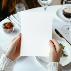 POV view, front views, blank menu, restaurant menu in the woman’s hands, mockup view