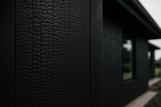 Shou Sugi Ban Exterior: Close-up view of a modern building's exterior showcasing the striking texture of shou sugi ban.