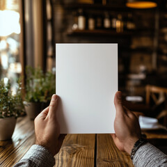 POV view, front views, blank menu, restaurant menu in the mans hands, mockup view