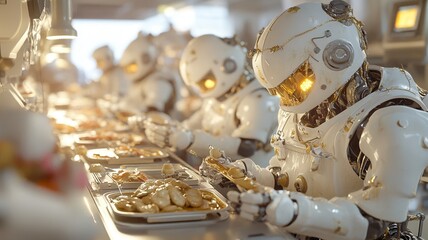 Futuristic robots in a cafeteria setting autonomously serving meals, showcasing advanced ai technology and modern mechanical design innovation. Robotics and automation