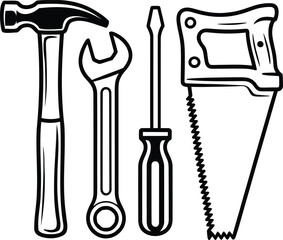 Simple black and white illustration of essential hand tools for construction and diy projects