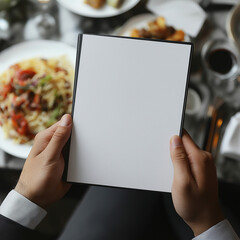 POV view, front views, blank menu, restaurant menu in the mans hands, mockup view
