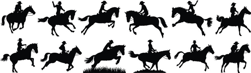 Silhouette of a woman riding a horse in various dynamic poses, horseback riding, cowgirl, western lifestyle, outdoor activity, silhouette vector, equestrian, horse riding,  flat vector illustration