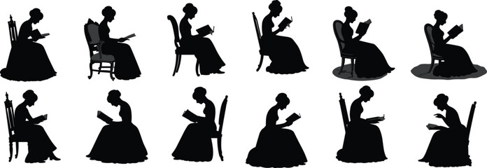 Vintage woman reading book silhouette, elegant lady seated vector set, classic literature illustration, black and white historical figure art

 flat vector illustration