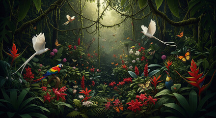 Sunlit tropical jungle teeming with colorful birds, butterflies, and lush green foliage in a vibrant natural habitat