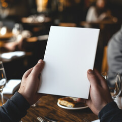 POV view, front views, blank menu, restaurant menu in the mans hands, mockup view