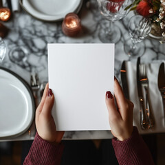 POV view, front views, blank menu, restaurant menu in the woman’s hands, mockup view