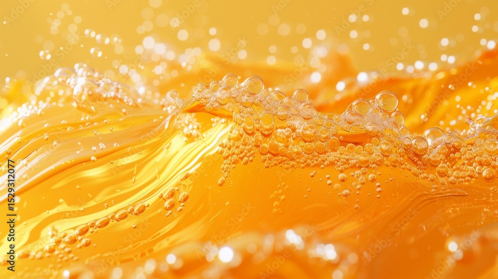 Poster a dynamic close-up image of an orange liquid splash, complete with sparkling bubbles, representing e