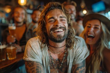 Fototapeta premium A vibrant scene of friends laughing and sharing drinks at a bar, capturing the essence of friendship and joy in a lively social setting like no other.
