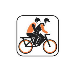 Two men sitting on bike icon vector in black color with white background. Two men with helmet sitting on bicycle.