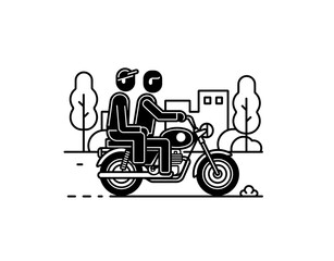 Two men sitting on motorbike icon vector in black color with white background.