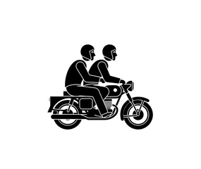 Two men sitting on motorbike icon vector in black color with white background.