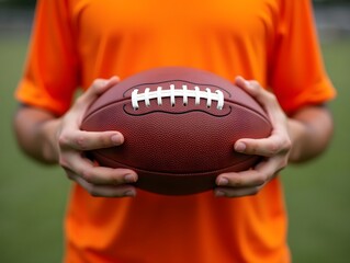 Close-up of hands holding American football against orange shirt