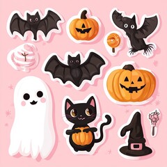 Set of cute Happy Halloween stickers on pink background. Set of mascots pumpkin, black cat, skeleton, ghost, eyes, bat, Halloween sweets and candies. Vector illustration in flat style