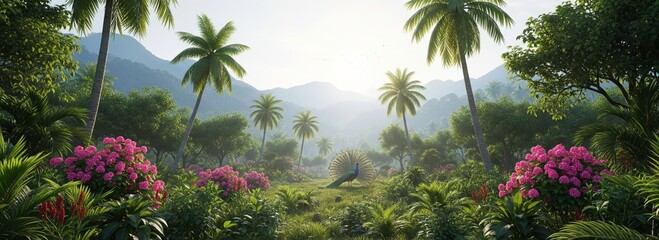 Peacock displaying vibrant feathers amid tropical palms and pink blossoms with misty mountains in soft sunlight
