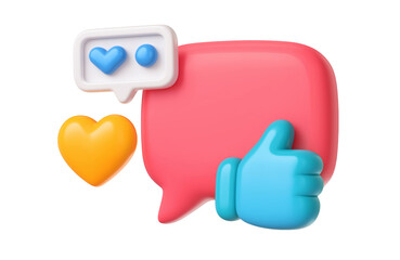 Fototapeta premium Colorful 3D icons representing social media engagement with a hashtag, heart, and thumbs up against a transparent background suitable for technology graphics