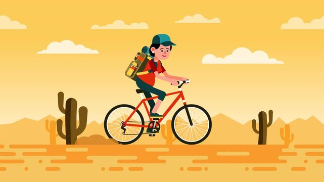 Woman Cycling Through Desert Landscape. Woman rides a bicycle through a desert scene with cacti, mountains, and orange sand, symbolizing solo travel and exploration. Looped cartoon animation