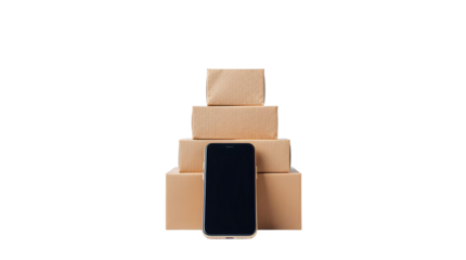 Photo of stack of brown cardboard boxes, with a modern smartphone in front of them isolated on transparent background.png