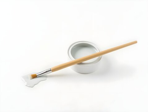 Paintbrush resting on white paint can, pristine white background highlights details For Social Media Post Size