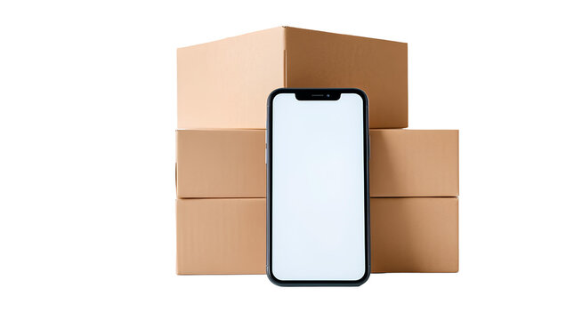 Photo of stack of brown cardboard boxes, with a modern smartphone in front of them isolated on transparent background.png