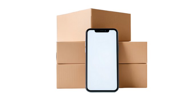 Photo of stack of brown cardboard boxes, with a modern smartphone in front of them isolated on transparent background.png