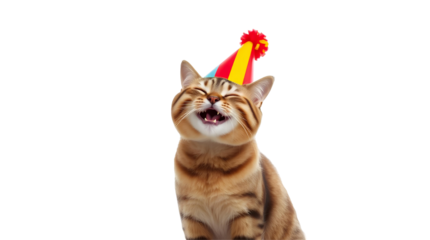 Photo of tabby cat wearing a colorful party hat isolated on transparent background.png