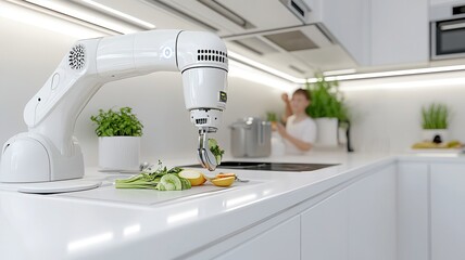 Sleek robotic arm preparing fresh vegetables in modern kitchen setting with caucasian female cooking in minimalist design. Robotics and automation
