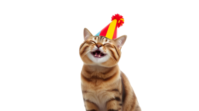 Photo of tabby cat wearing a colorful party hat isolated on transparent background.png
