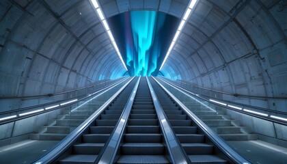 Obraz premium Modern Escalator Rising Through Digital Aurora in Concrete Tunnel 