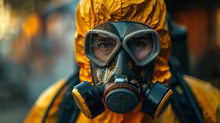 A hazmat worker in bright protective gear and a gas mask, capturing the seriousness of safety in hazardous environments while emphasizing personal protection.