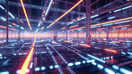 Futuristic technological infrastructure illuminated by glowing orange and blue neon lights.