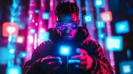 A man in futuristic glasses interacts with floating social media icons in a neonlit virtual space