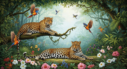 Lush jungle scene with resting jaguars surrounded by colorful birds and vibrant flowering foliage in a serene natural habitat