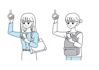 電車でスマホを見る女性のイラストセット