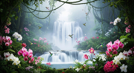 Multi-tiered waterfall over serene pool surrounded by vibrant flowers and hovering hummingbirds in a lush green forest