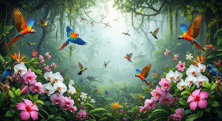 Vibrant tropical jungle scene with colorful parrots, hummingbirds, and blooming exotic flowers in lush dense greenery and misty forest background