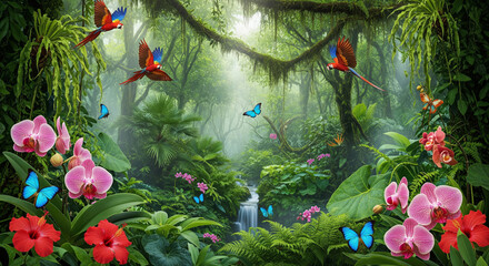 Lush tropical rainforest with vibrant flowers, cascading waterfall, colorful parrots in flight, and butterflies fluttering over a serene pool