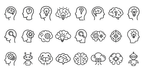 Mind, brain concept line icon set. Vector pictograms of mental processes, mindfulness, memory, cognitive, learning, creativity, problem-solving, development, abstract thinking thin linear illustration
