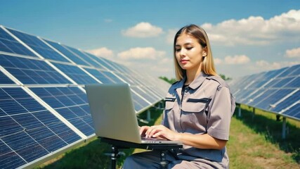 A young Asian woman with long brown hair works on a laptop in a solar panel field. The scene highlights remote collaboration and digital workflow in a sustainable environment. - Powered by Adobe